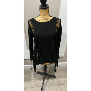 Sage & Flower Women's Long Sleeve Mesh Fishnet Shirt Black S/M Distressed, Ties